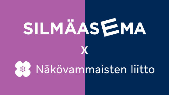 Silmäasema x Näkövammaisten liitto -teksti kaksivärisellä taustalla